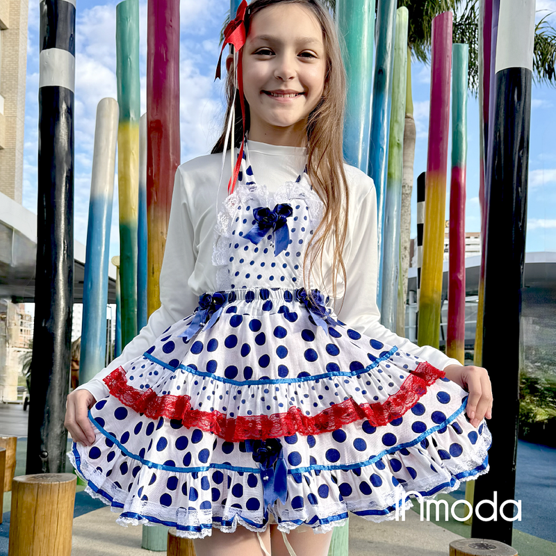 Vestido Jeca de Luxo Kids Azul e Branco com Poás, Lindo Detalhe no
